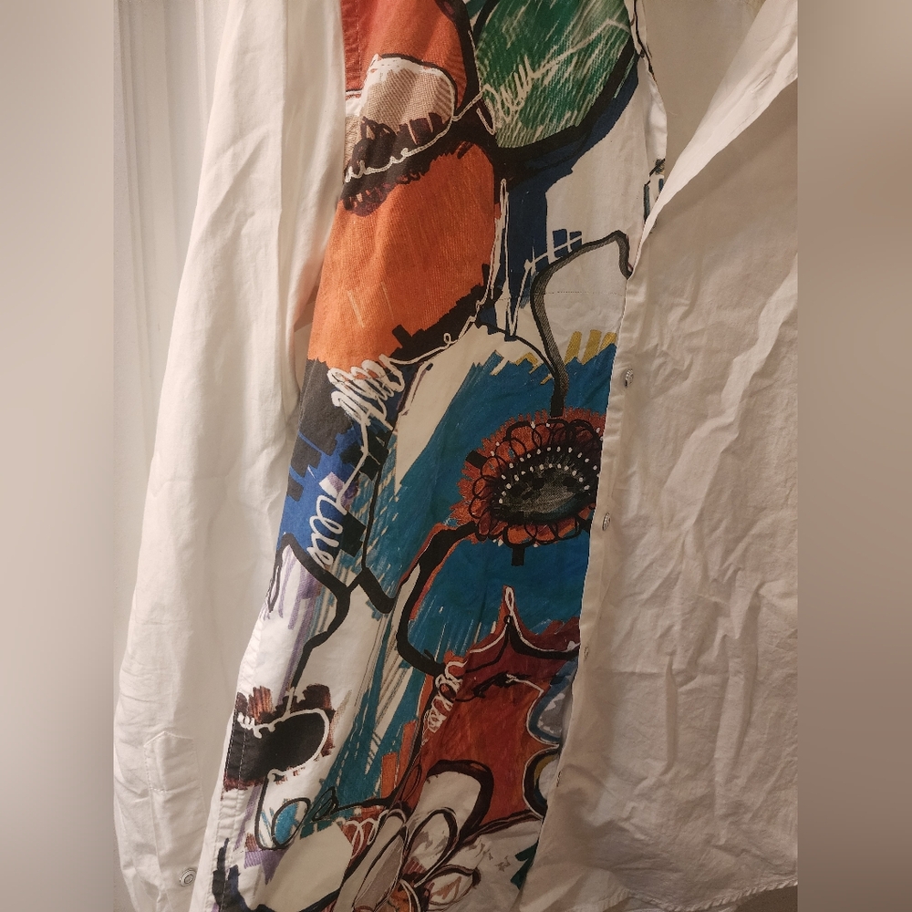 Desigual Graphic Button Down Shirt White Art Print Long Sleeve Size L - Picture 7 of 9